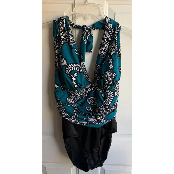 Miraclesuit‎ Women's Paisley Halter V-neck One-Piece Swimsuit Sz 12 - Picture 2 of 6